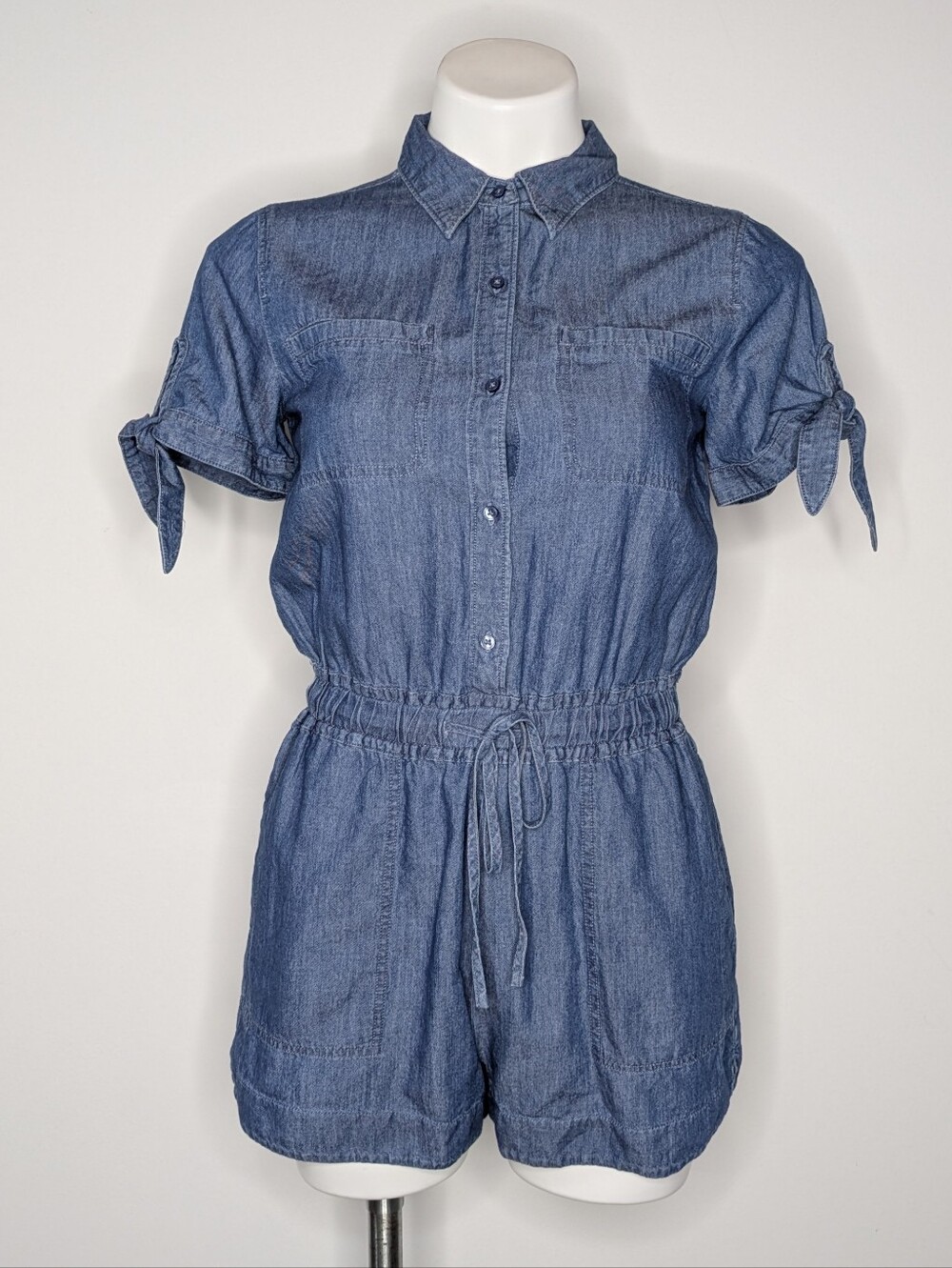 Express Blue Lightweight Denim Tie Sleeve Cotton Blend Casual Romper XS